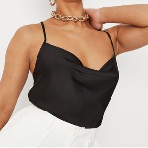 Black satin cowl neck top